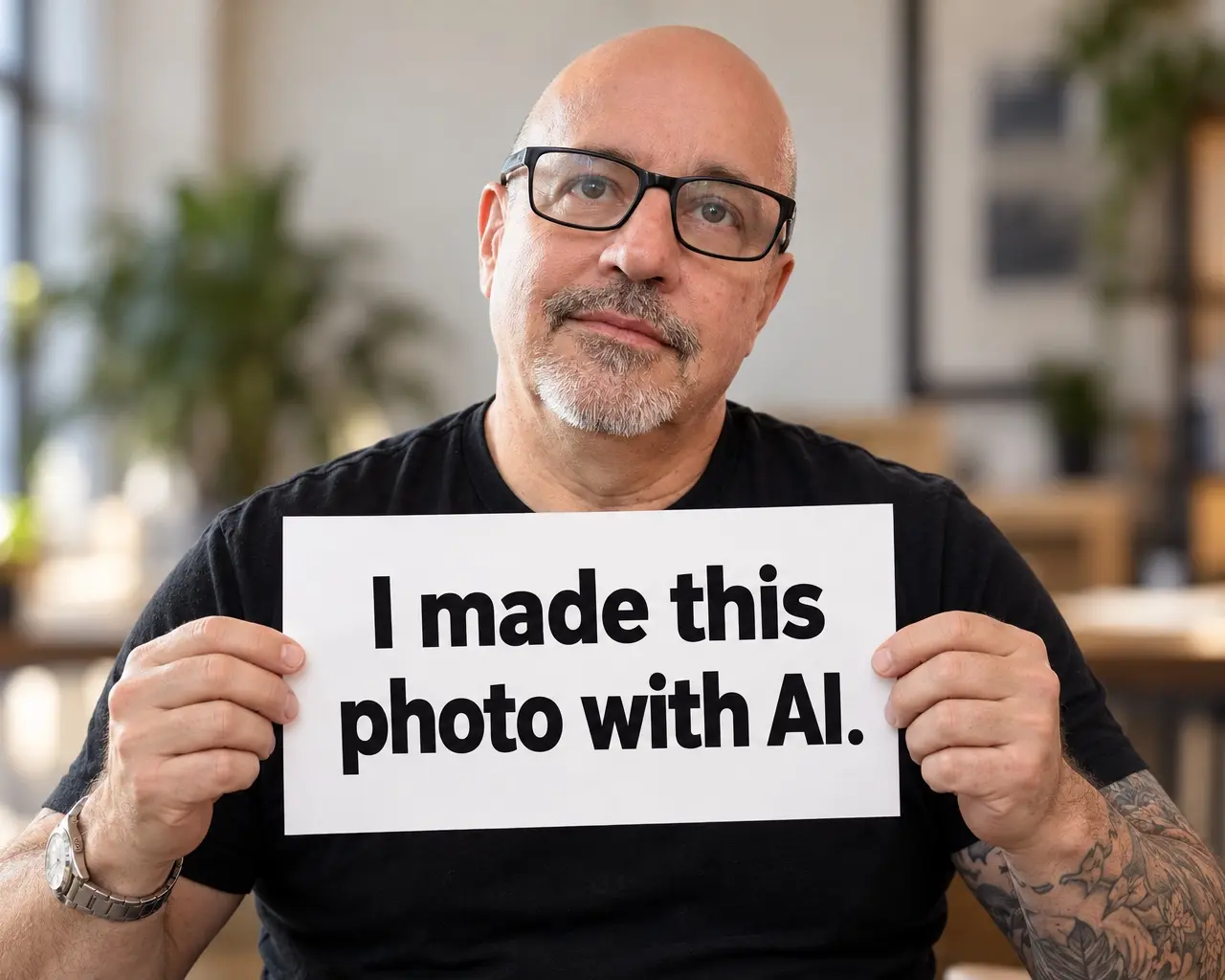 AI-generated portrait of Andrew Bowins in glasses and a black shirt, seated at a laptop.
