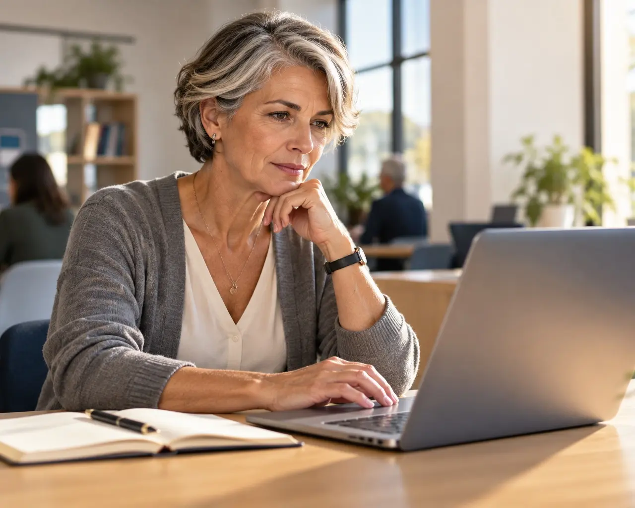 AI After 50 — Learning New Skills AI-generated illustration of a silver-haired woman studying a laptop beside an open notebook in a workplace.