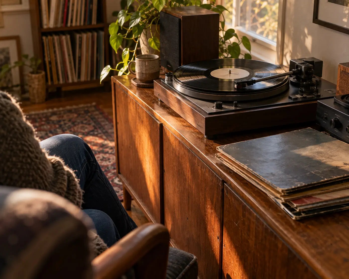 A vinyl record plays on a wooden turntable beside worn album sleeves in a sunlit listening room.