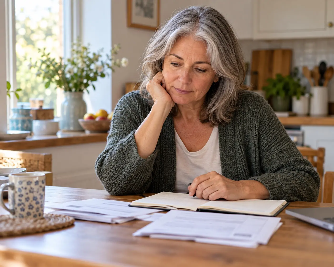 Reviewing retirement plans at home — AI illustration A grey-haired woman reviews a notebook and household papers at a kitchen table.