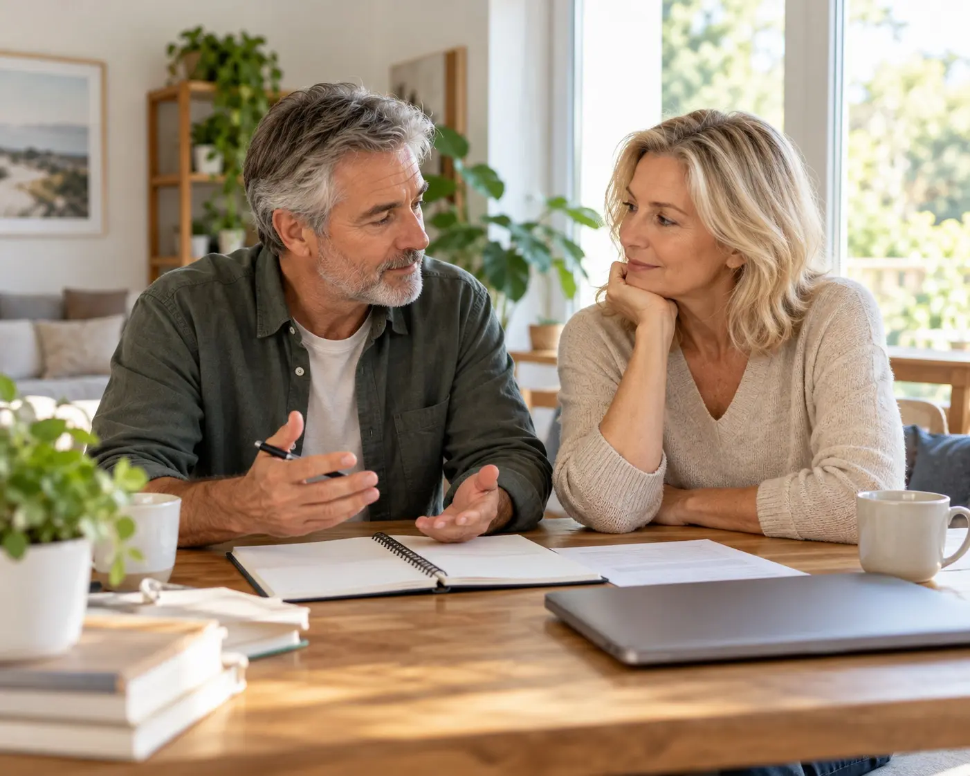 A man and woman in their late 50s discuss a notebook and papers at a home desk.